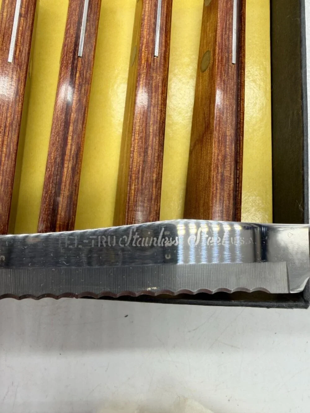 NOS Tel-Tru Stainless Steel Steak Knife Set of Six Wood Handles